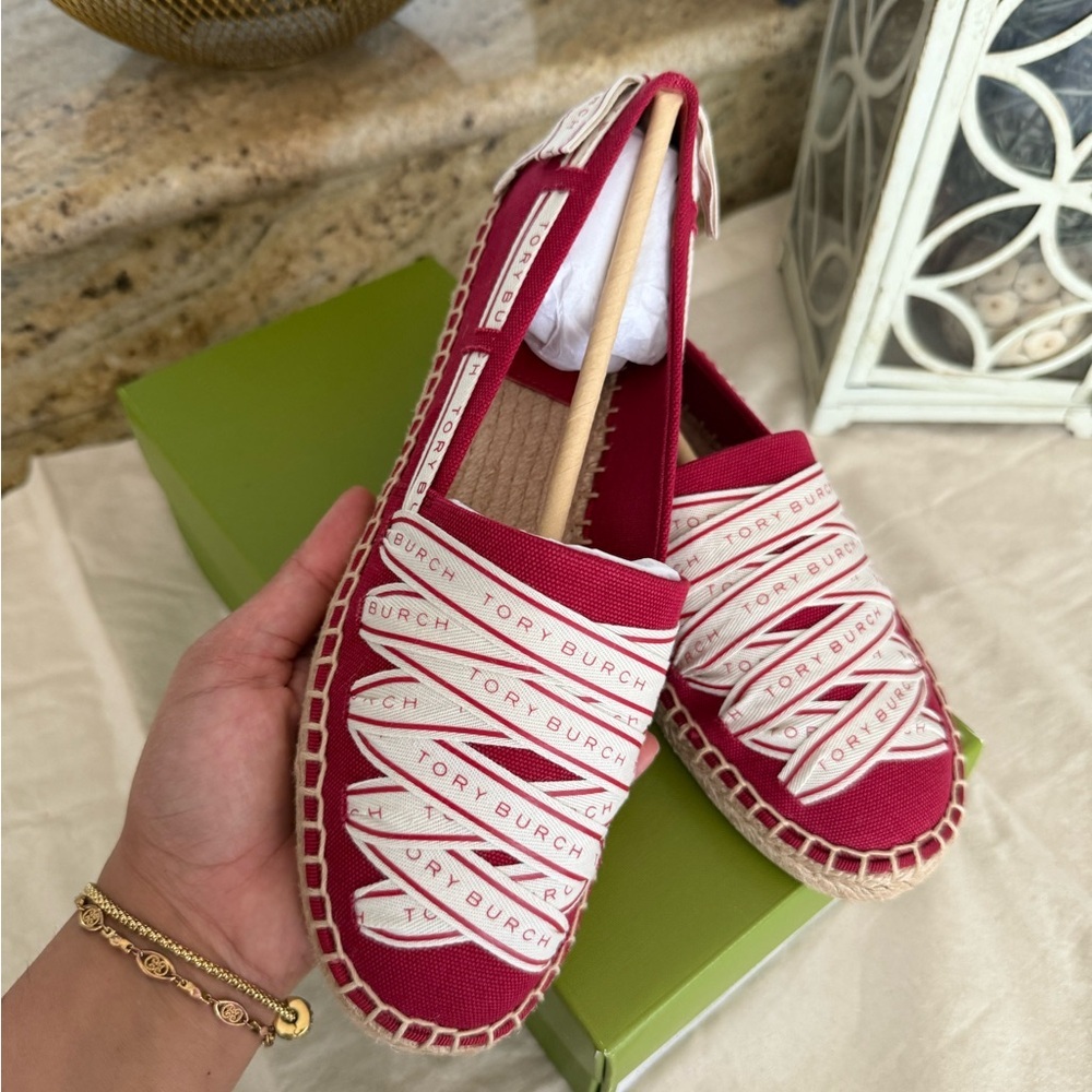 New TORY BURCH RIBBON ESPADRILLE OLONA IT - CANVAS  TORY RED/NEW CREAM